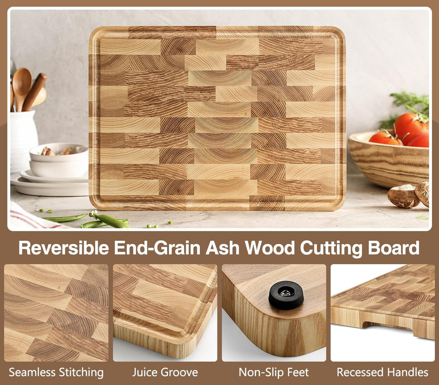 XINZUO Ash Wood Cutting Board for Kitchen, (13.8''L x 9.8''W x 1''T)-End Grain Wood Cutting Board for Meat-Chopping Boards with Slip Feet, Side Handles,Juice Groove