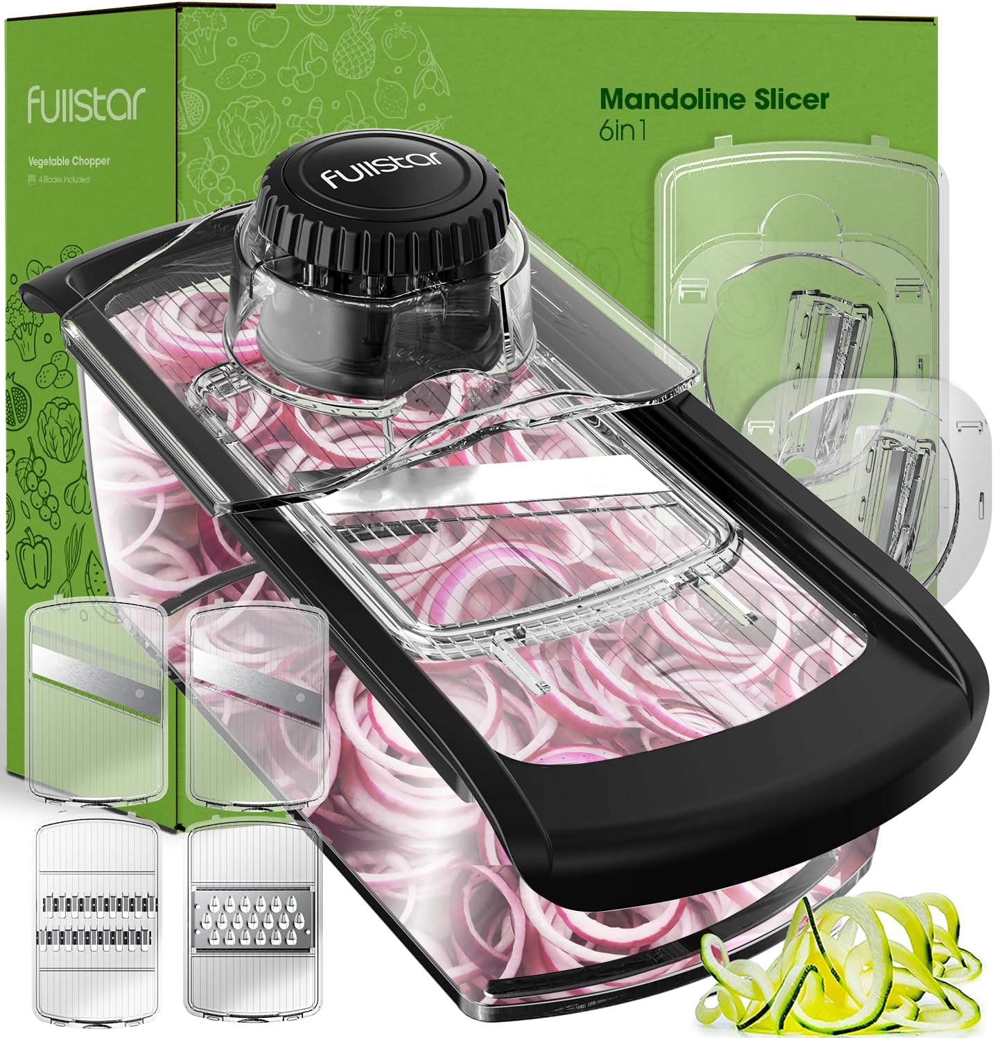Fullstar Mandoline Slicer for Kitchen, Fruit Cutter, Cheese Grater, Cucumber Slicer, Veggie Spiralizer, Food Cutter & Kitchen Gadgets with Safety Glove (6 in 1, Clear)