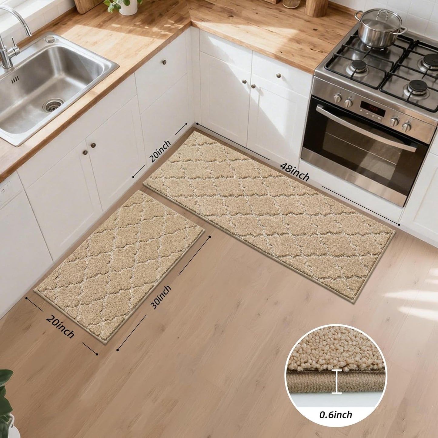 JSEI Kitchen Rugs, Non-Slip Kitchen Mats for Floor, Soft Washable Absorbent Kitchen Mats 2 Pieces, Kitchen Carpet Runner with TPR Backing, Polyester, 20”x32”+20”x48”, Beige