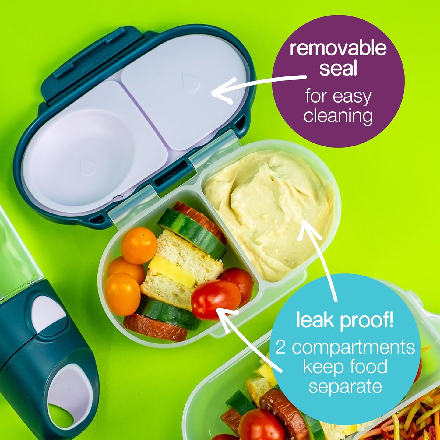 b.box Snack Box Reusable Snack Containers with Lids 2 compartments, Bento Box for kids and toddlers, Leakproof Lunch Box, BPA free and Dishwasher Safe Snack Container (Chill Out, 1 3/4 Cup)
