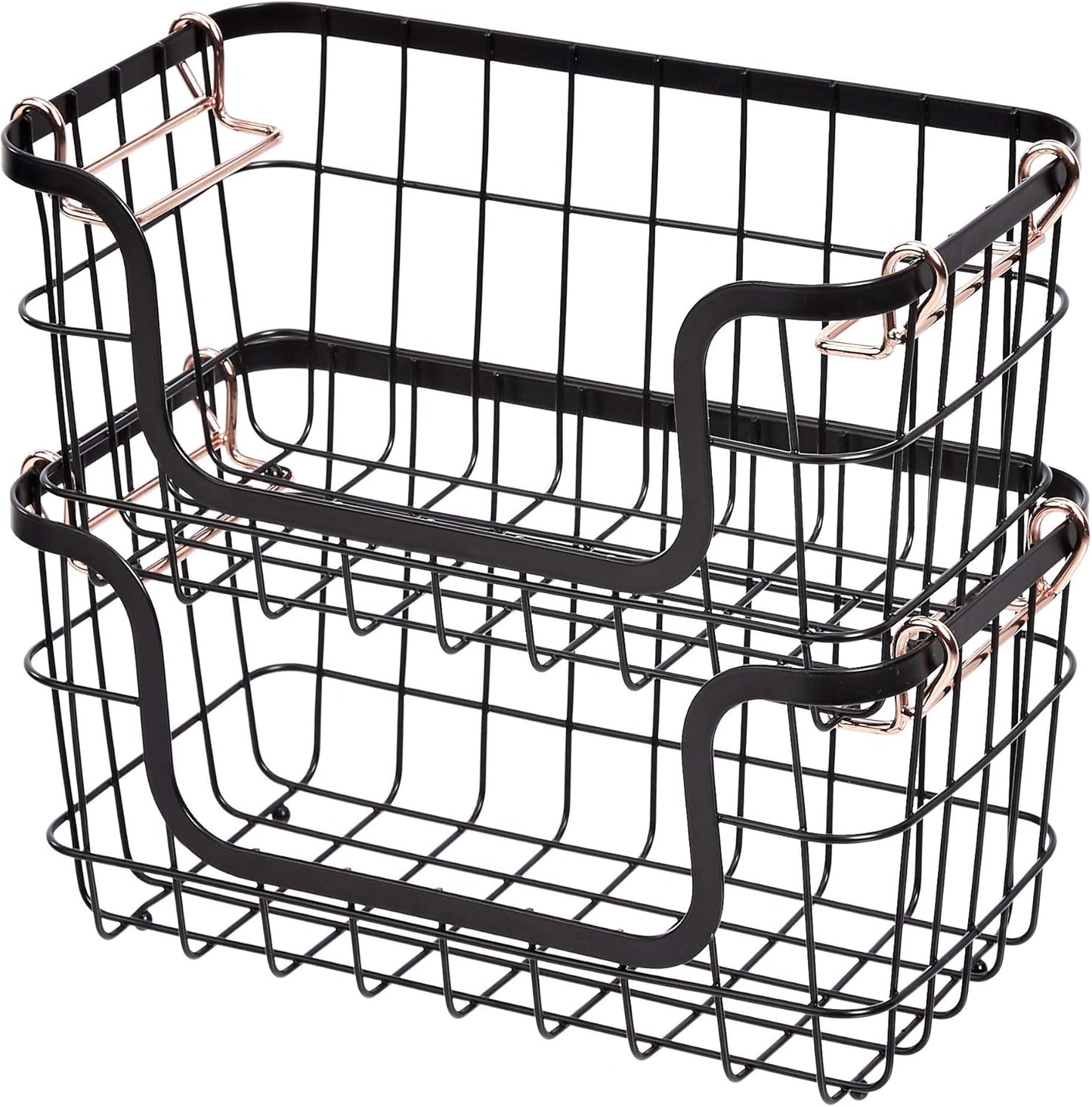 Amazon Basics Stackable Metal Wire Rectangular Storage Basket Set For Kitchen or Bathroom, 2 Count, Black