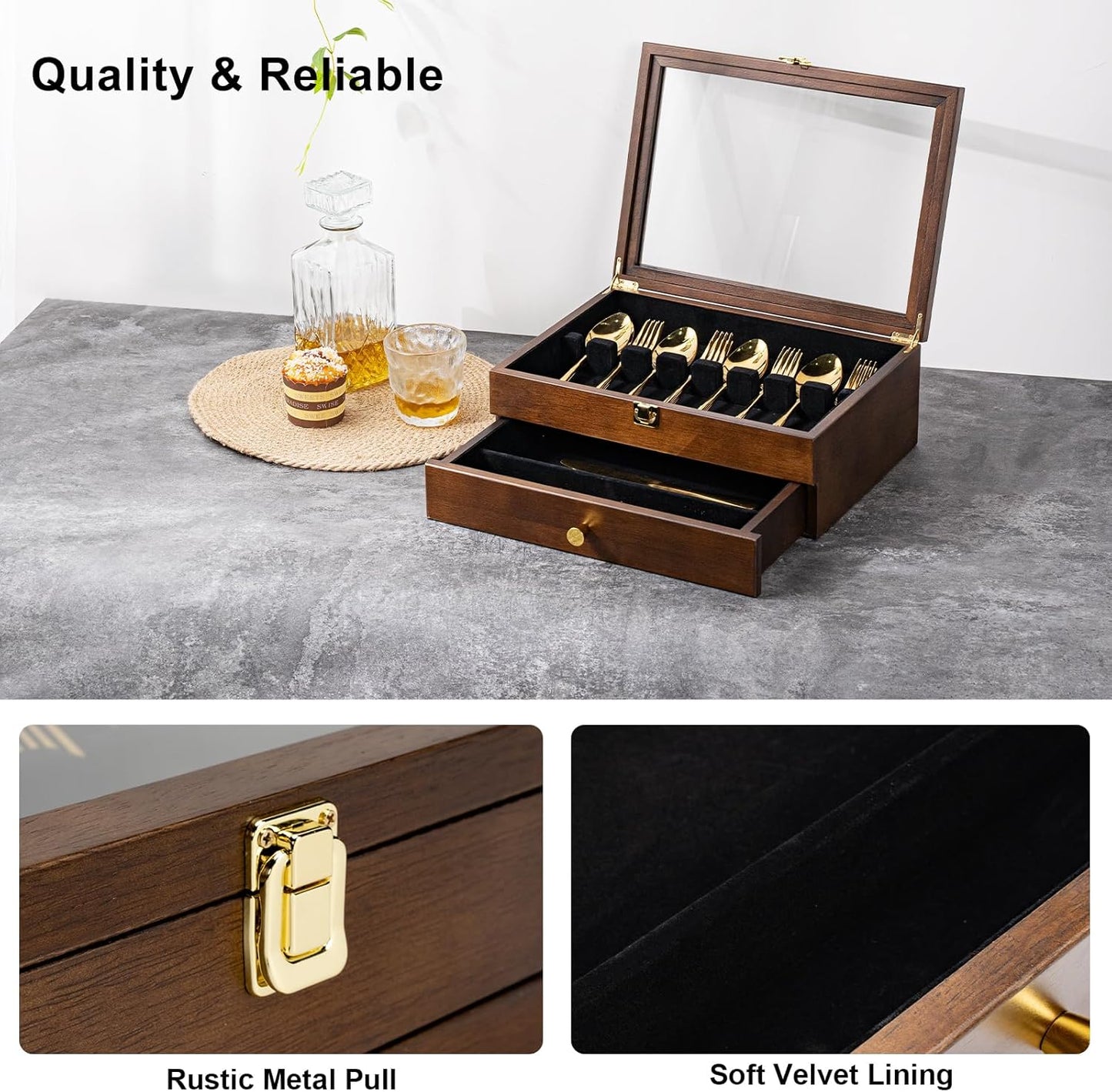 Silverware Box, 2-Layer Wooden Silverware Storage Box with Glass Lid, 14.5×10.6 Inches Luxury Style Decor Flatware Storage Case for Fine Flatware & Utensils, Gift Idea (Walnut)