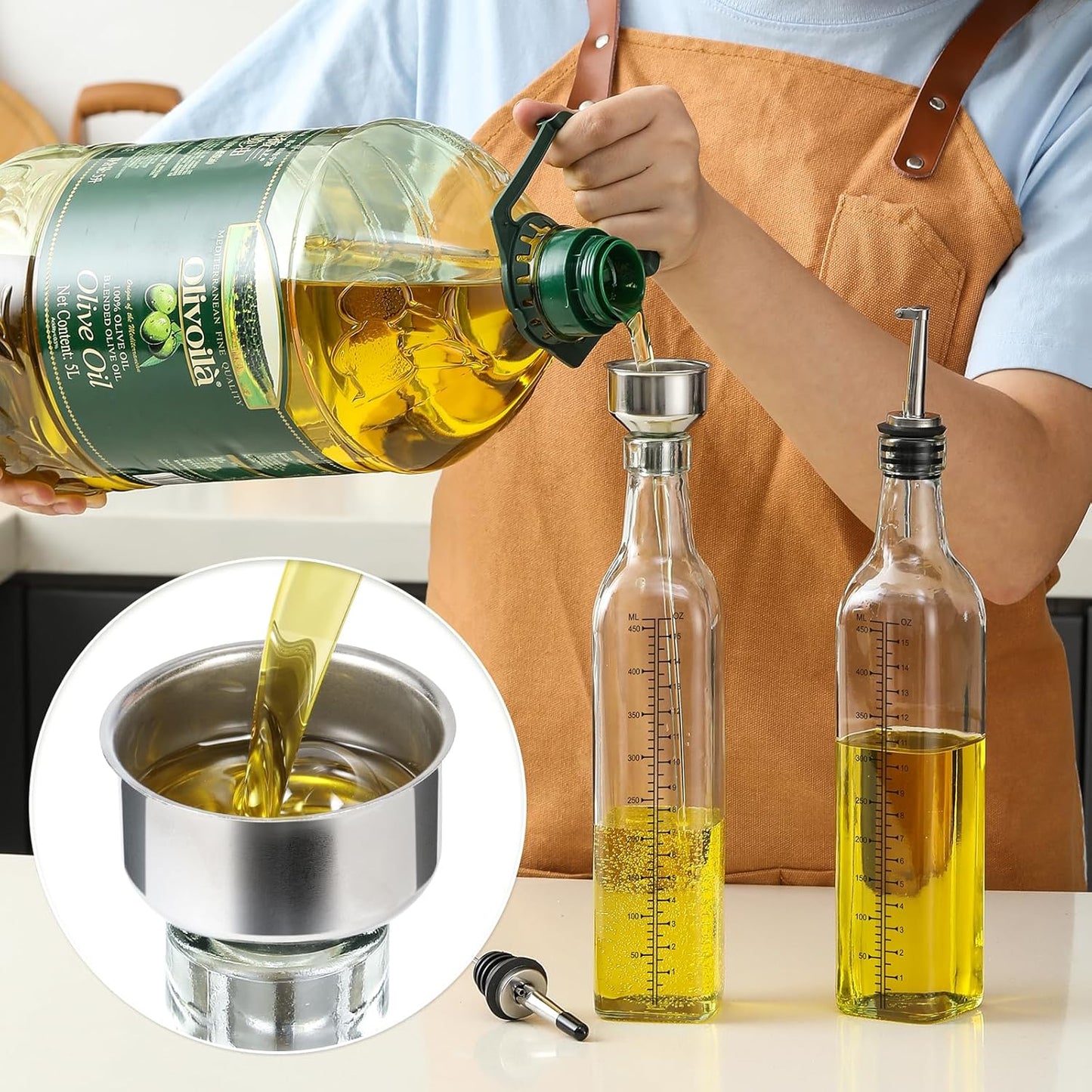 AOZITA 17oz Glass Olive Oil Dispenser Bottle - 500ml Clear -Oil & Vinegar Cruet with Pourers and Funnel - Olive Oil Carafe Decanter for Kitchen