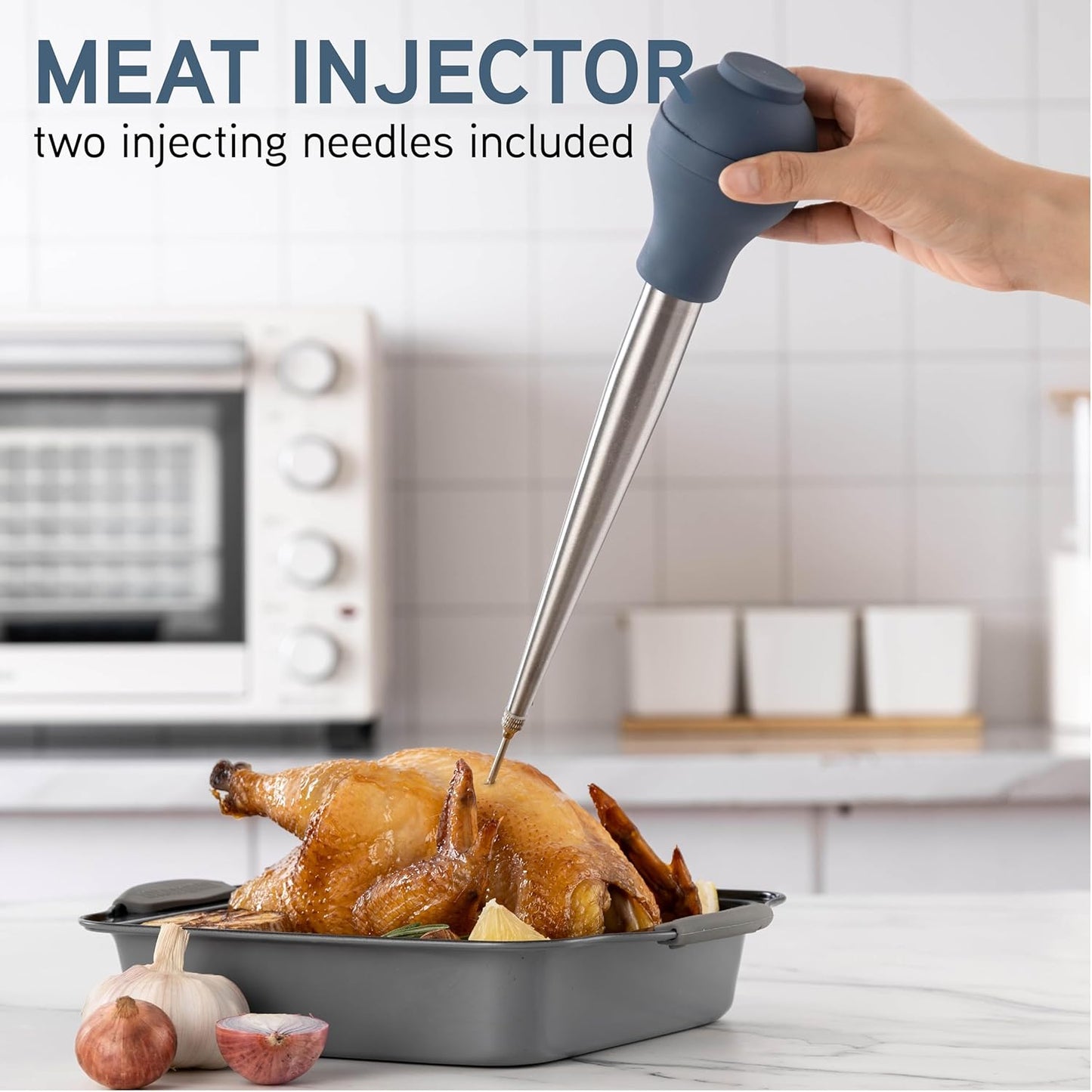 COOK WITH COLOR Turkey Baster with Cleaning Brush - Food Grade Syringe Baster For Cooking, Deluxe Set, Blue