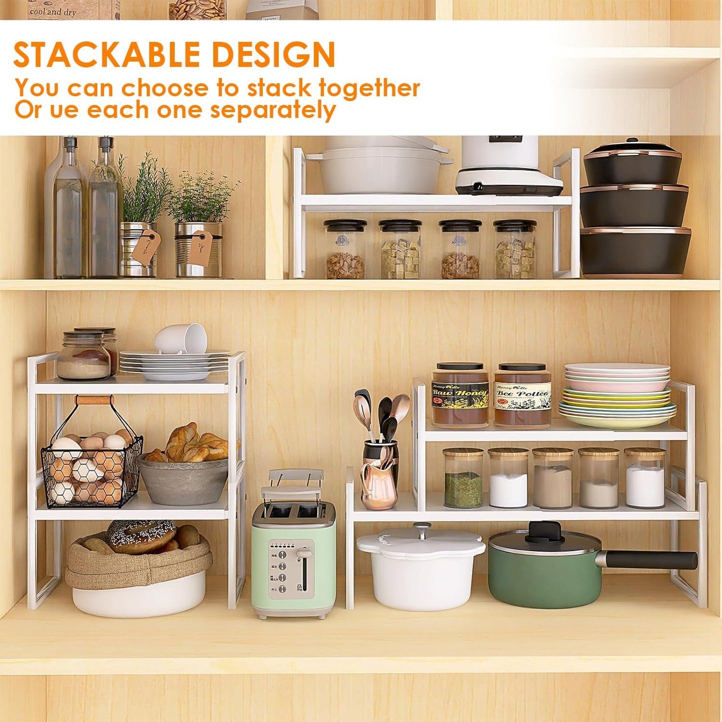 DOLALIKE Expandable Kitchen Countertop Organizer, Stackable Cabinet Shelf Organizers, Space Saving Spice Rack Pantry Storage for Bathroom Office Organization (White, 1-Tier)