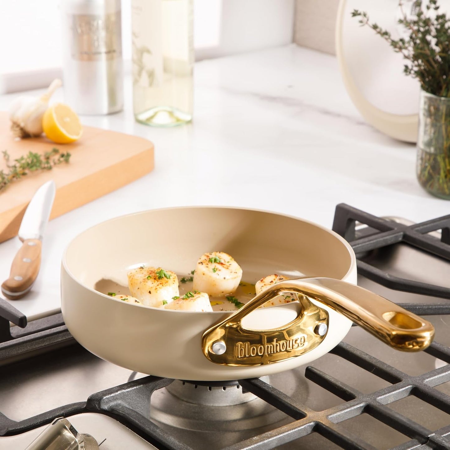 bloomhouse 8 Inch Heavy Duty Aluminum Premium PFA Free Ceramic Nonstick Saute/Deep Frying Pan Skillet - Almond Cream w/Gold Handle