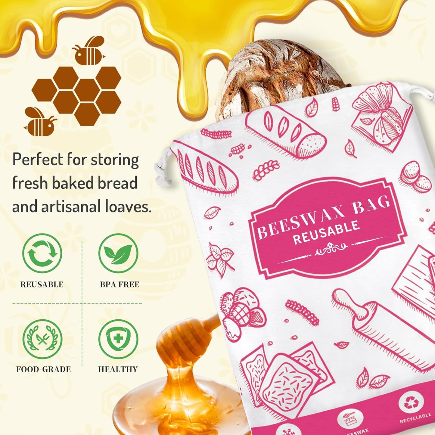2-Pack Beeswax Bread Bags for Homemade Bread, Rose Pink Reusable Sourdough Storage Bags with Premium Beeswax Coating for Loafs Baguette Fresh Keeping,Great Homesteading Essentials and Baking Gifts.