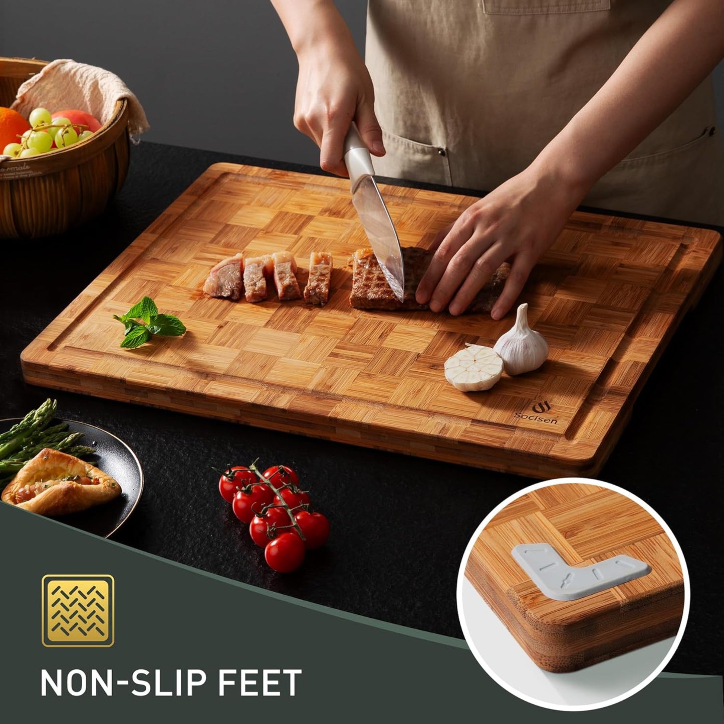 Extra Large Bamboo Cutting Board with Non Slip Feet and Over Sink Butcher Block Chopping Board Nice Solid Thick Wooden Juice Groove Big Xl XXl xlarge Best Hardwood Kitchen Counter Organic