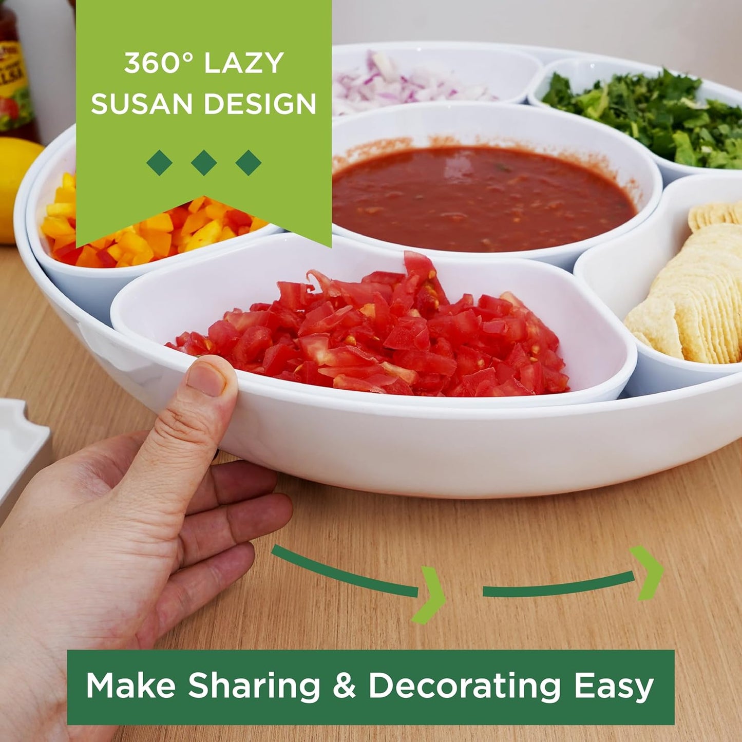 TP Taco Bar Serving Set, Melamine Serving Platter with Lazy Susan, Serving Tray and Bowls, Taco Tuesday Kit Snack Holder for Party and Fiesta, White