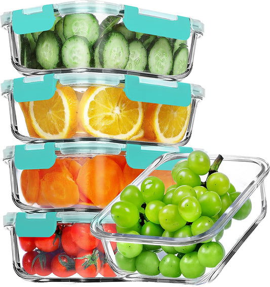 VERONES 5 Pack 36 OZ Glass Meal Prep Containers, Airtight Glass Lunch Containers Set, Glass Food Storage Containers with Lids,Exclusive of BPA, for Microwave, Oven, Freezer & Dishwasher Friendly,Green