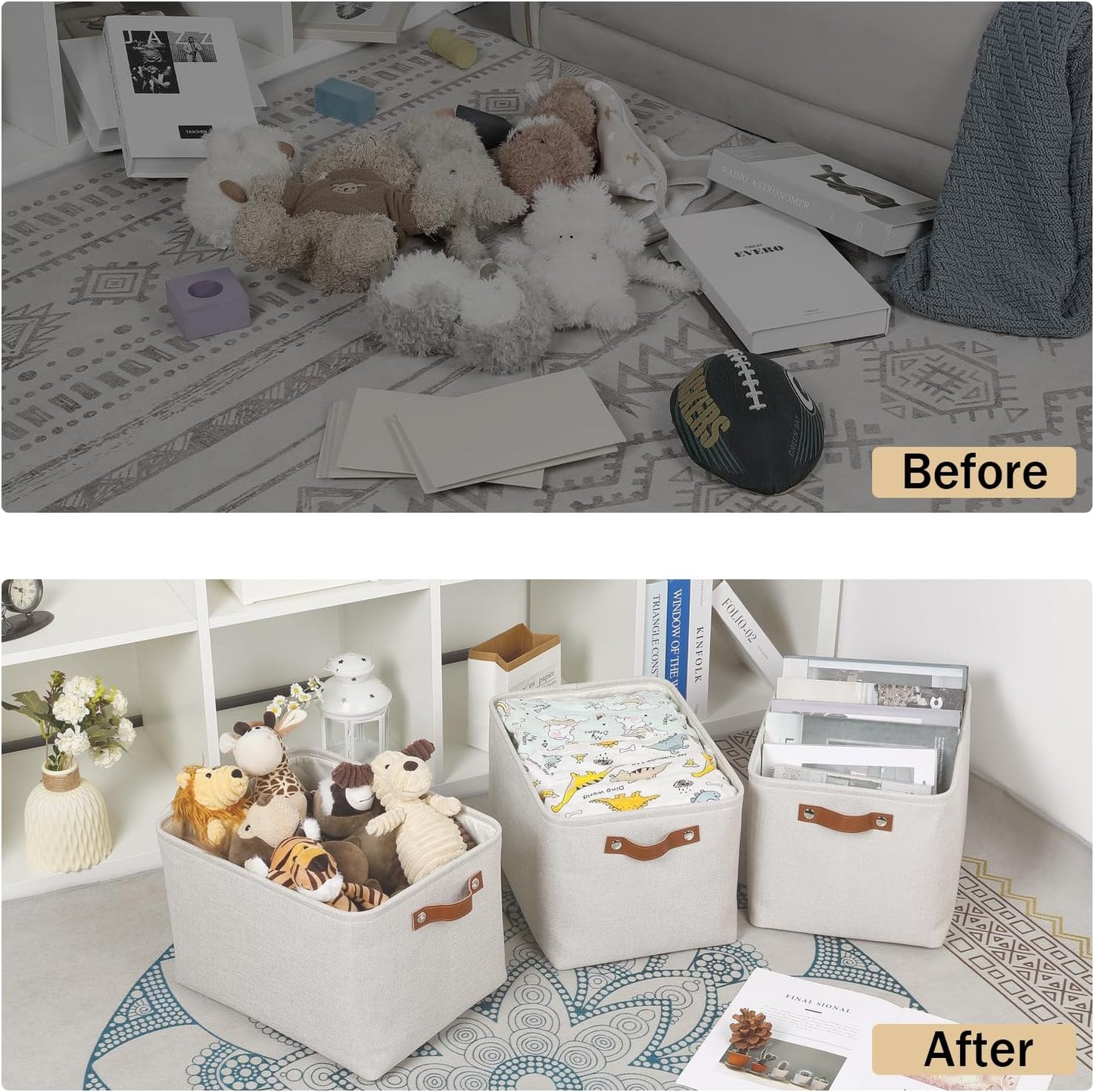 HNZIGE Large Fabric Storage Basket Organizers (3 PCS), Foldable Decorative Shelf Baskets with Leather Handles (Cream, 15" x 11" x 9.5")