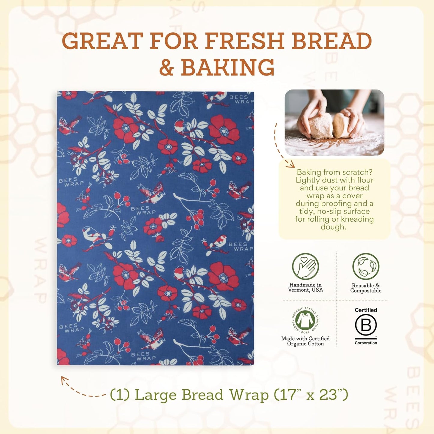 Bee's Wrap Beeswax Wraps for Food - Botanical Bread Wrap - Made in USA Reusable Bread Storage Bags - Organic & Eco-Friendly Alternative to Aluminum Foil, Sourdough Bags & Plastic Wrap