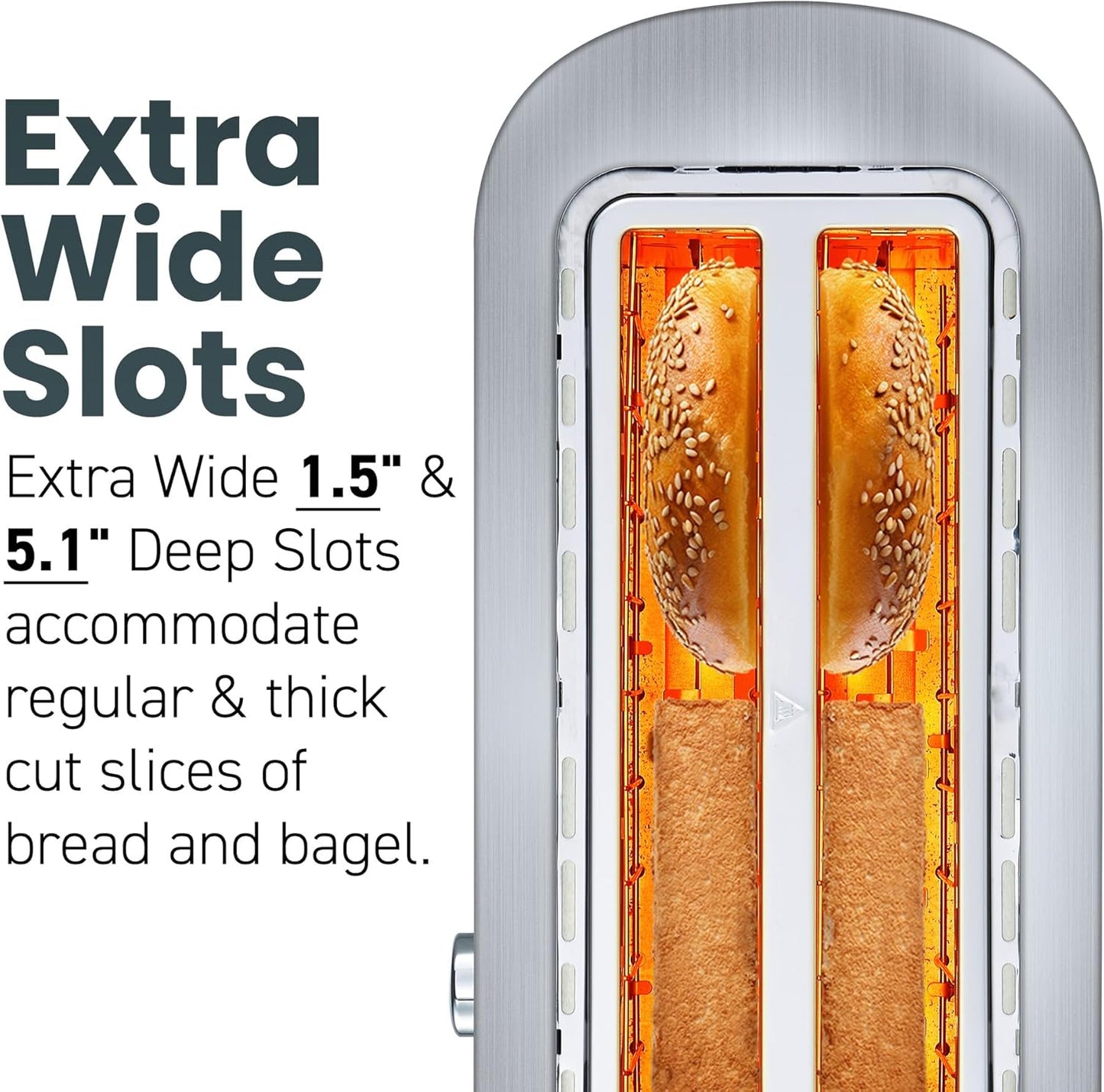 Elite Gourmet ECT4123X Long Slot 4 Slice Toaster, Extra Wide 1.5" and 5.1" Deep Slots, Bagel, Defrost & Cancel Functions, 6 Toast Shade Settings, Fits Bagels, Waffles, Artisan Breads, Stainless Steel
