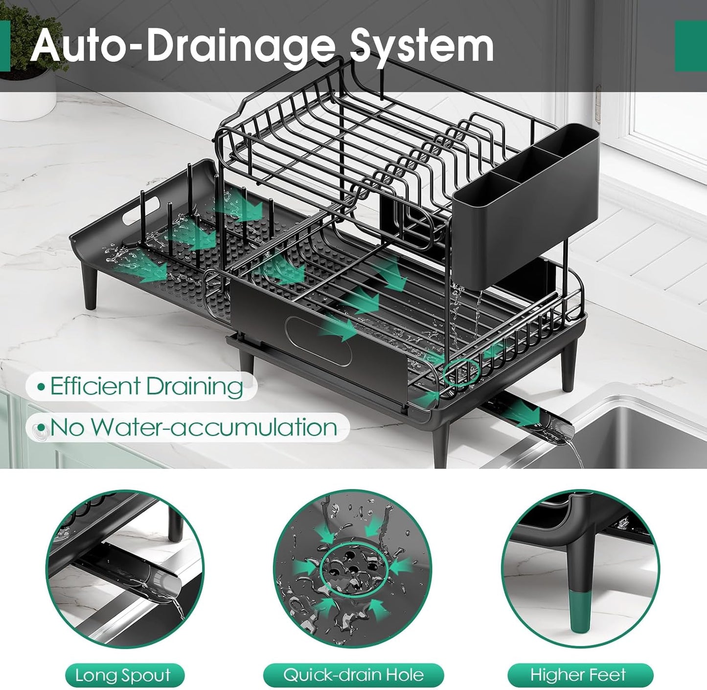 Dish Drying Rack for Kitchen Counter, Expandable 2 Tier Dish Rack, Large Capacity Dish Drainer with Drainboard Multifunctional Dish Strainer with Removable Cutlery Holder Black