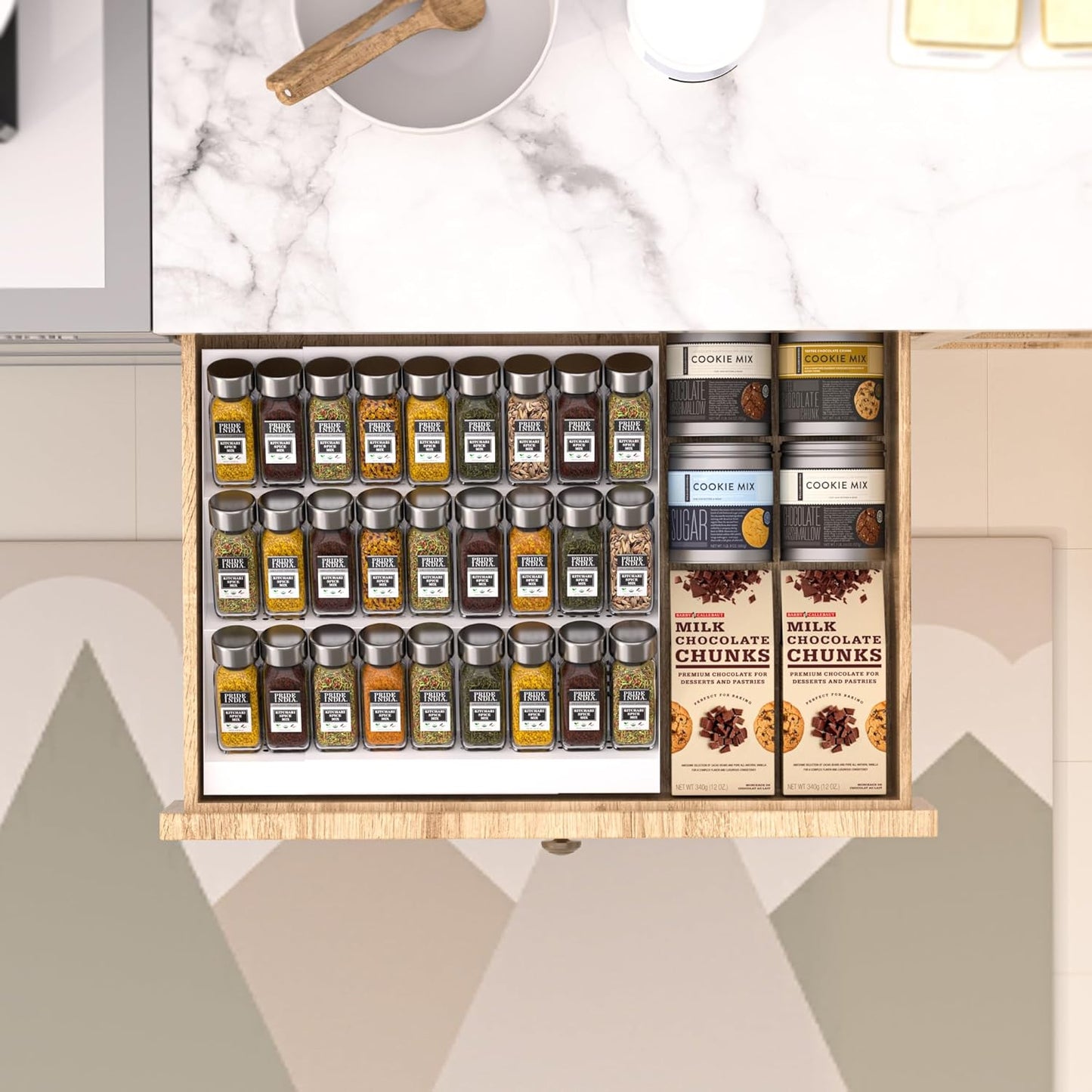 Expandable Metal Spice Drawer Organizer,3-Tier,Slanted Seasoning Jars Tray for Kitchen Cabinet Drawers Insert/Countertop (Jars not included)-3Tier,1pack/White