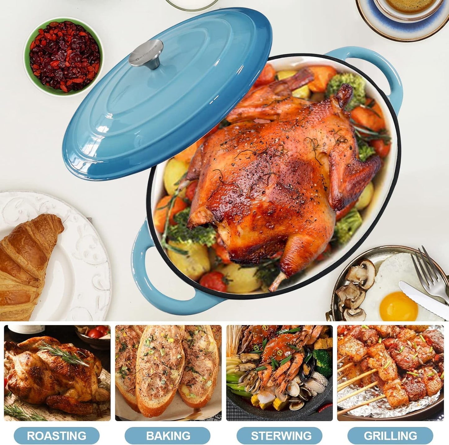 Enameled Cast Iron Oval Dutch Oven, 7 qt Oval Dutch Oven Pot with Lid and Dual Handles for Braising, for Braising, Broiling, Bread Baking, Frying, Light Blue