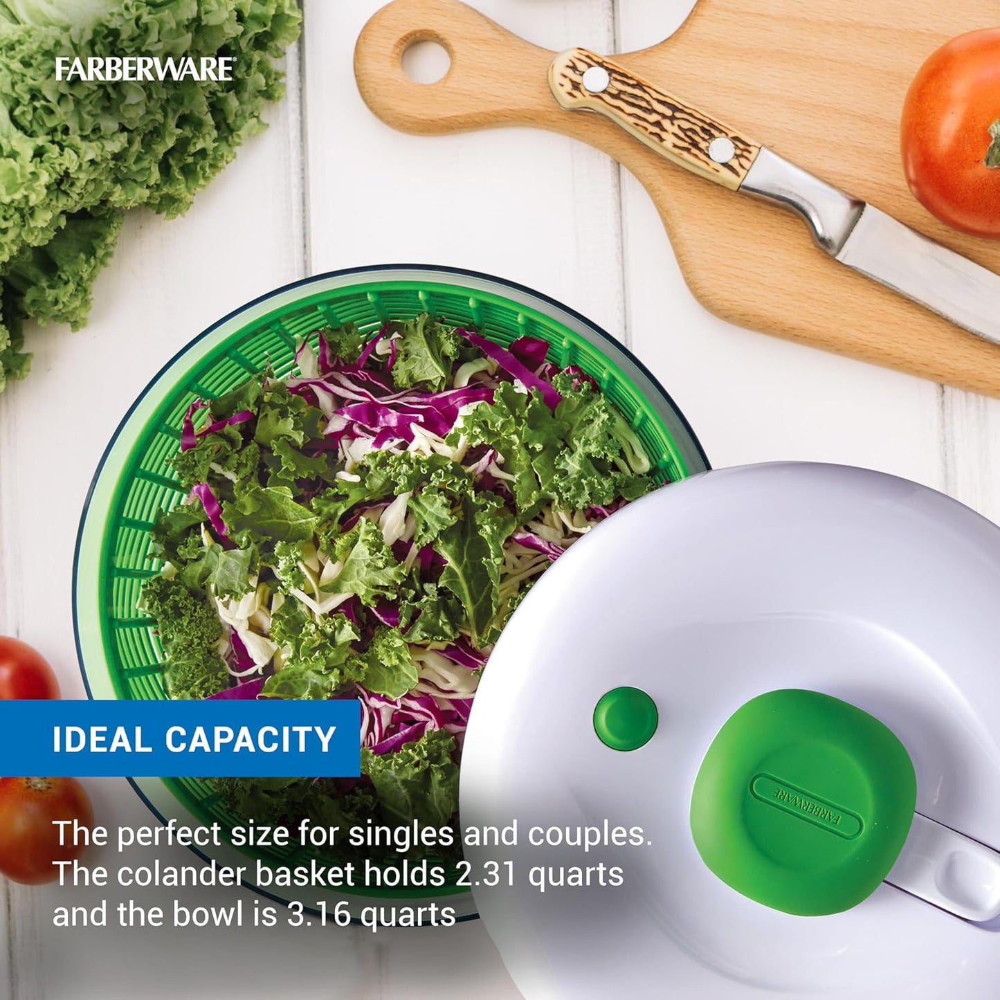 Farberware Professional Pump Small Salad Spinner with Bowl featuring Non Slip Grip, Small 3.16 Quart, Colander and Built in draining System for Fresh, Crisp, Clean Salad and Produce, Green