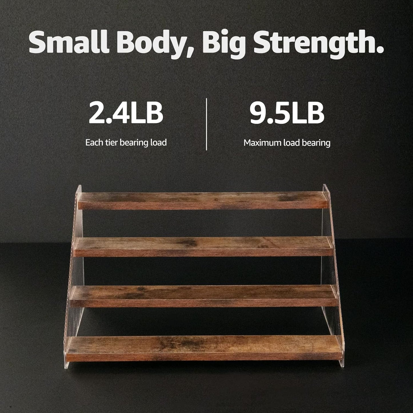 nianfeng Tiered Spice Rack, 4-Tier Spice Pantry Kitchen Cabinet Organizer, 12-Inch, Natural Wood Acrylic Stair Riser Stand, Countertop Seasoning Shelf (Rustic Brown)