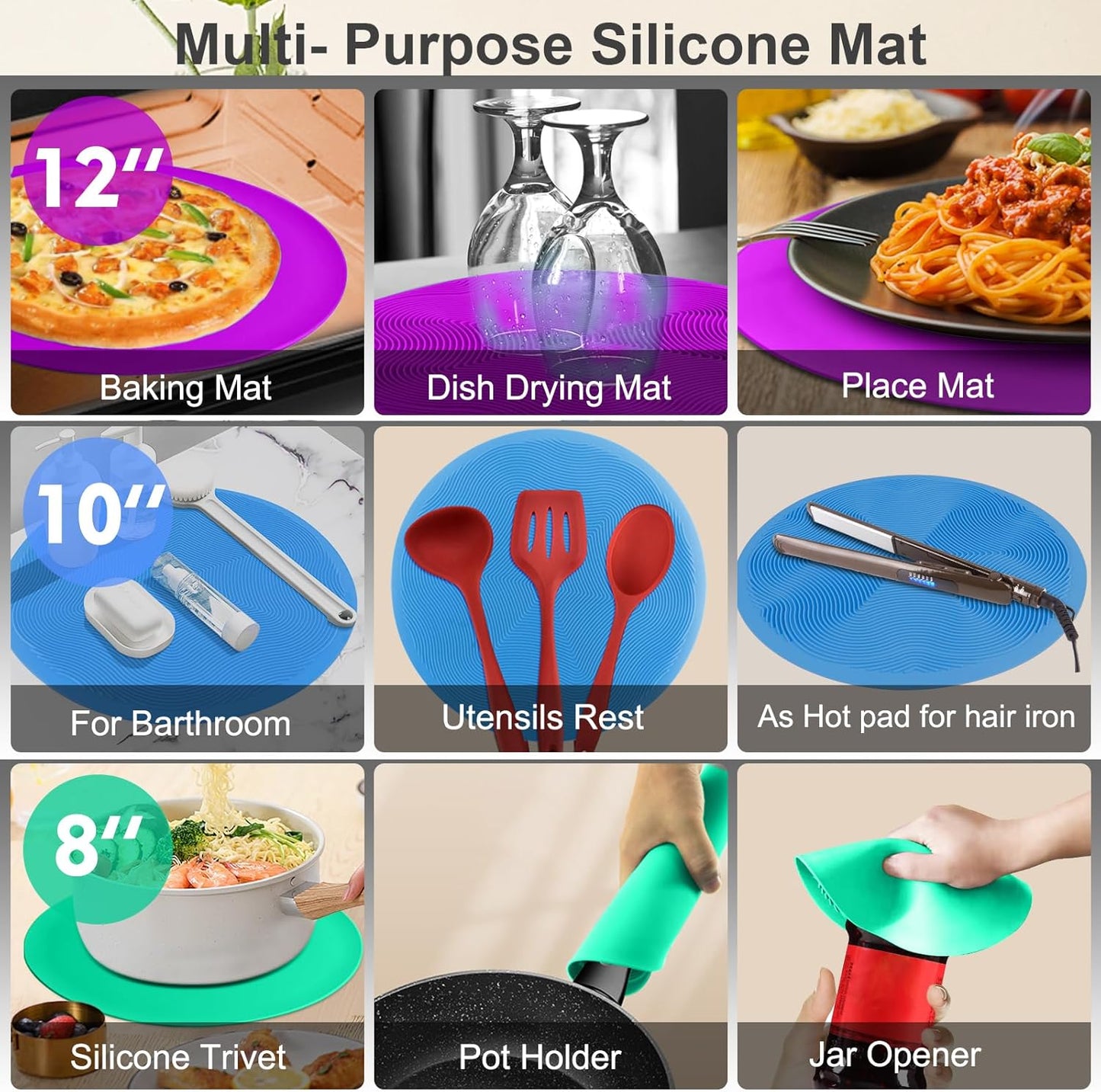 KooMall 12 10 8 6 4 Inch Multi-Purpose Microwave Mat, as Trivet, Pot Holders, Food Cover, Cup Lids, Drying, Place Mat, Utensils Rest, Heat Pad for Hot Pot Pans Bowls Plates Dishes Kitchen Counter