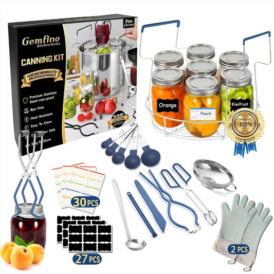 Canning Supplies Starter Kit,Canning Kit for Beginners of 12 with Rack，Silicone Oven Gloves，Jar Lifter，Funnel,Wrench,Tongs,Lid Lifter,Bubble Popper,Labels,ladle,Measuring spoon-G12-Blue