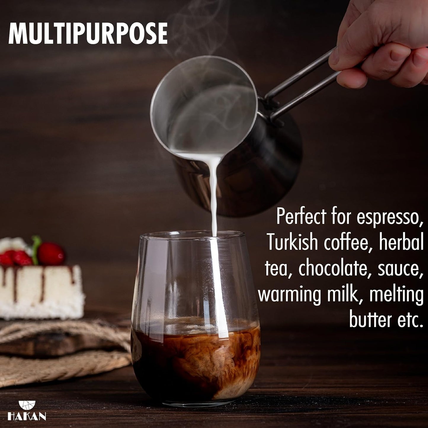 Hakan Topkapı Stainless Steel Turkish Coffee Pot, Greek Arabic Coffee Maker with Spout, Stove Top Coffee Maker in Box, Milk Warmer with Handle, Chai Pot Cezve, Ibrik, Briki (Large - 20.2 oz)