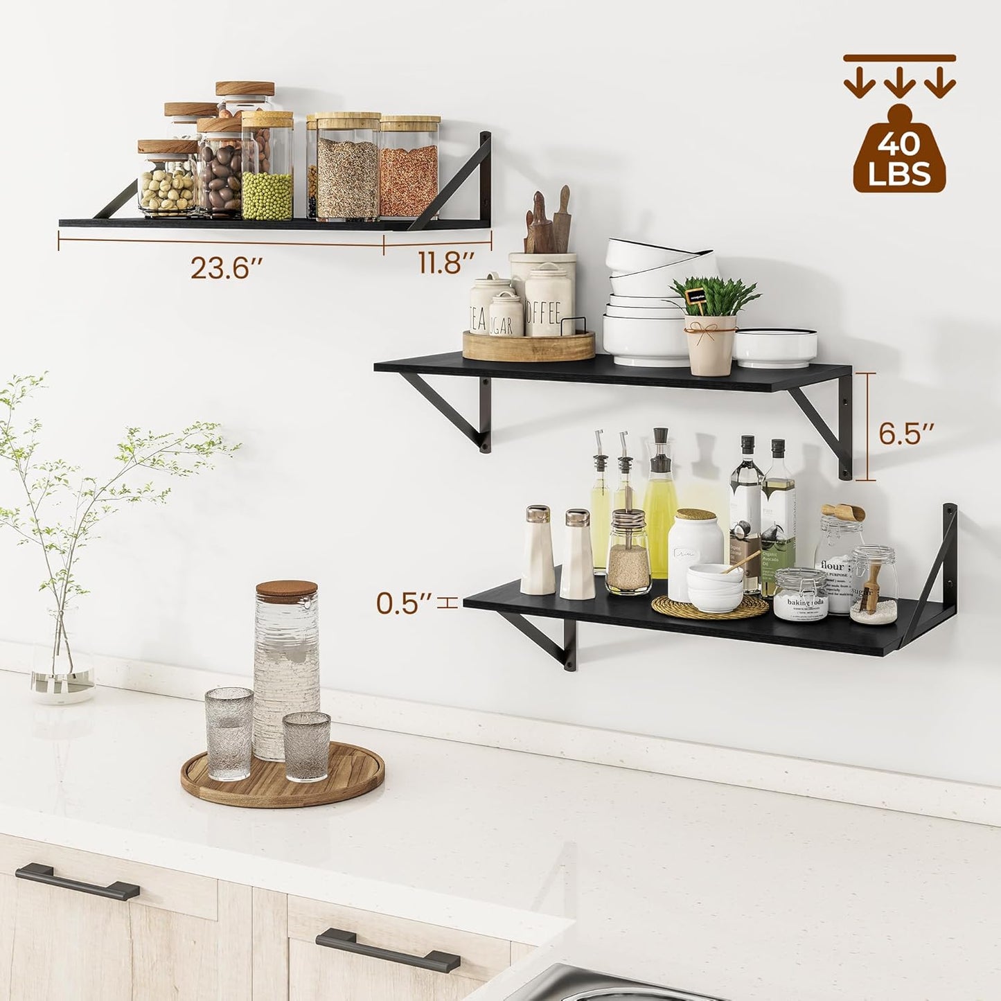 Heimlove 24" W x 12" D Wall Shelves for Books, 12 Inch Deep Floating Shelves Set of 3, Wide Floating Bookshelf with Metal Bracket for Living Room, Kitchen, Office, Bedroom and Decor Storage - Black