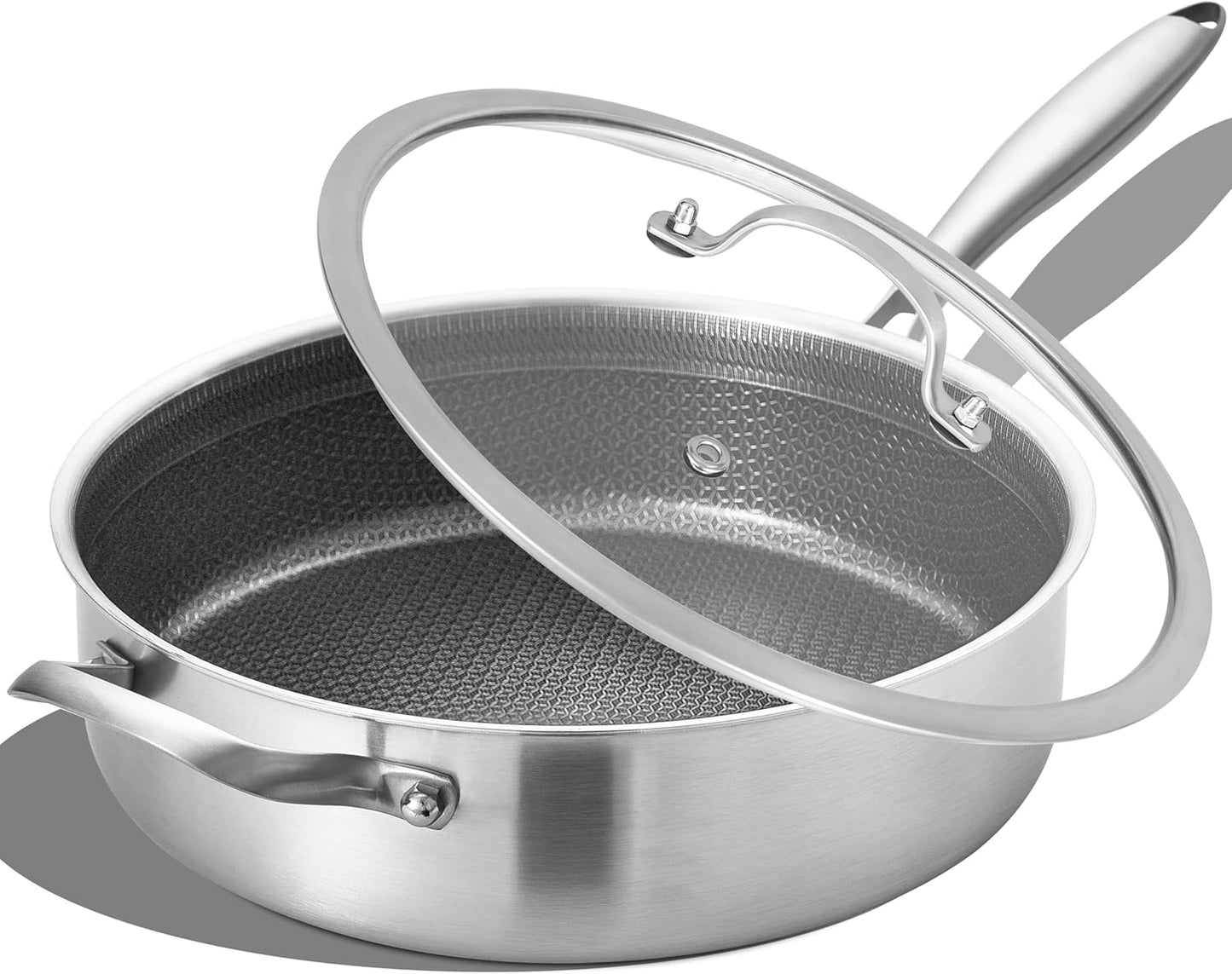 LOLYKITCH 6 Quarts Hybrid Non Stick Tri-Ply Stainless Steel Sauté Pan with Lid,12 Inch Deep Frying Pan,Large Skillet,Induction Cooking Pan, Oven Safe and Detachable Handle.