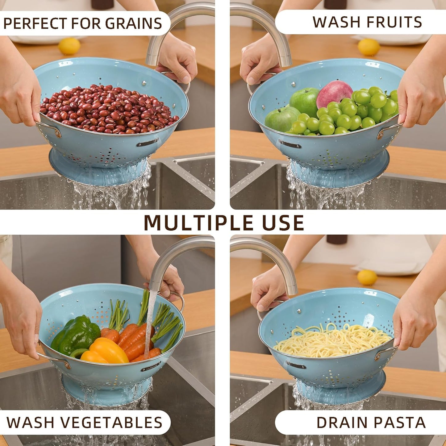 Metal Colander 2 Pack, Strainer Bowel with Handles 2Qt & 6Qt Powder Coated Solid Ring Base Heavey Duty Kitchen Drainer Basket for Pasta Veggies and Fruits,New Home Apartment Essentials (ArcticBlue)