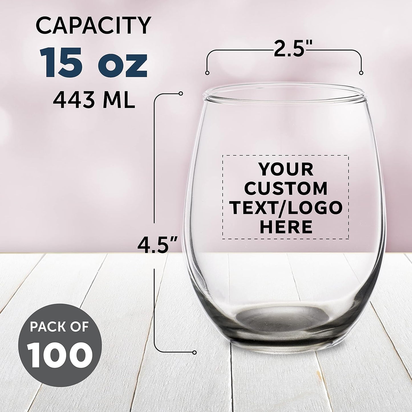 Custom Stemless Wine Glasses in Bulk by ARC Perfection, 15 oz, 100 pack, Personalized Text, Logo, Red or White Wine Glass Set, Black
