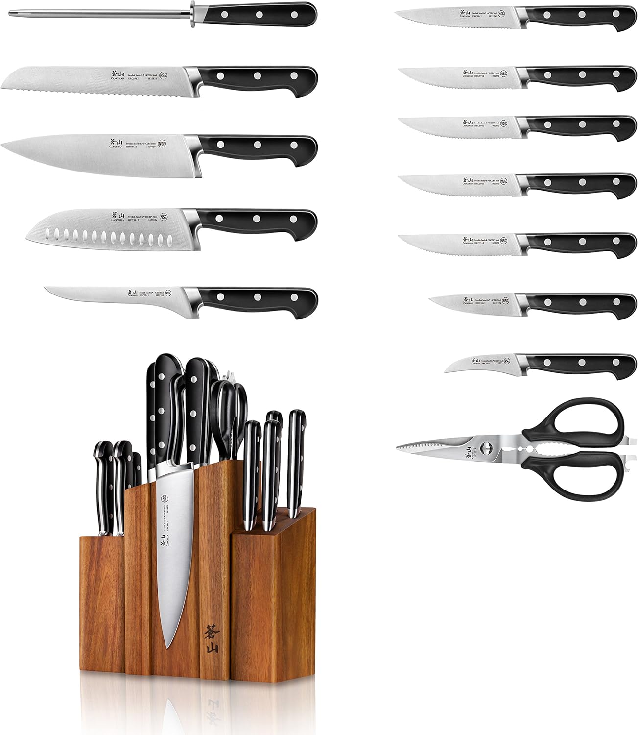 Cangshan TV2 Series 1023046 Swedish 14C28N Steel Forged 14-Piece DENALI Magnetic Knife Block Set, Acacia