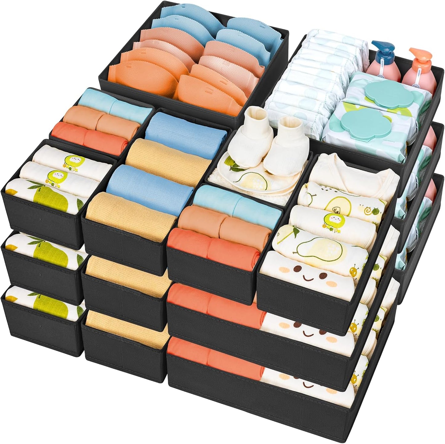DIMJ Drawer Organizer 15 Pack - Foldable Baby Organizers and Storage & Dresser Organizer for Nursery, Bedroom, Closet - Nursery Organization Dresser Dividers for underwear, Sock,Bra, Belt, Tie，Black
