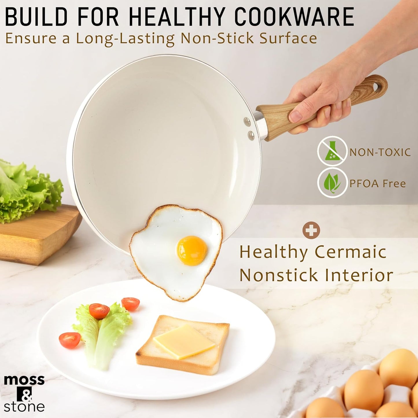 Moss & Stone 6 Pcs White Nonstick Cookware Set, Pots And Pans Set Non stick With Glass Lid, Induction Cookware, Stay-Cool Handle PTFE/PFOA Kitchen Pots 6-Piece with Frying Pans & Saucepan