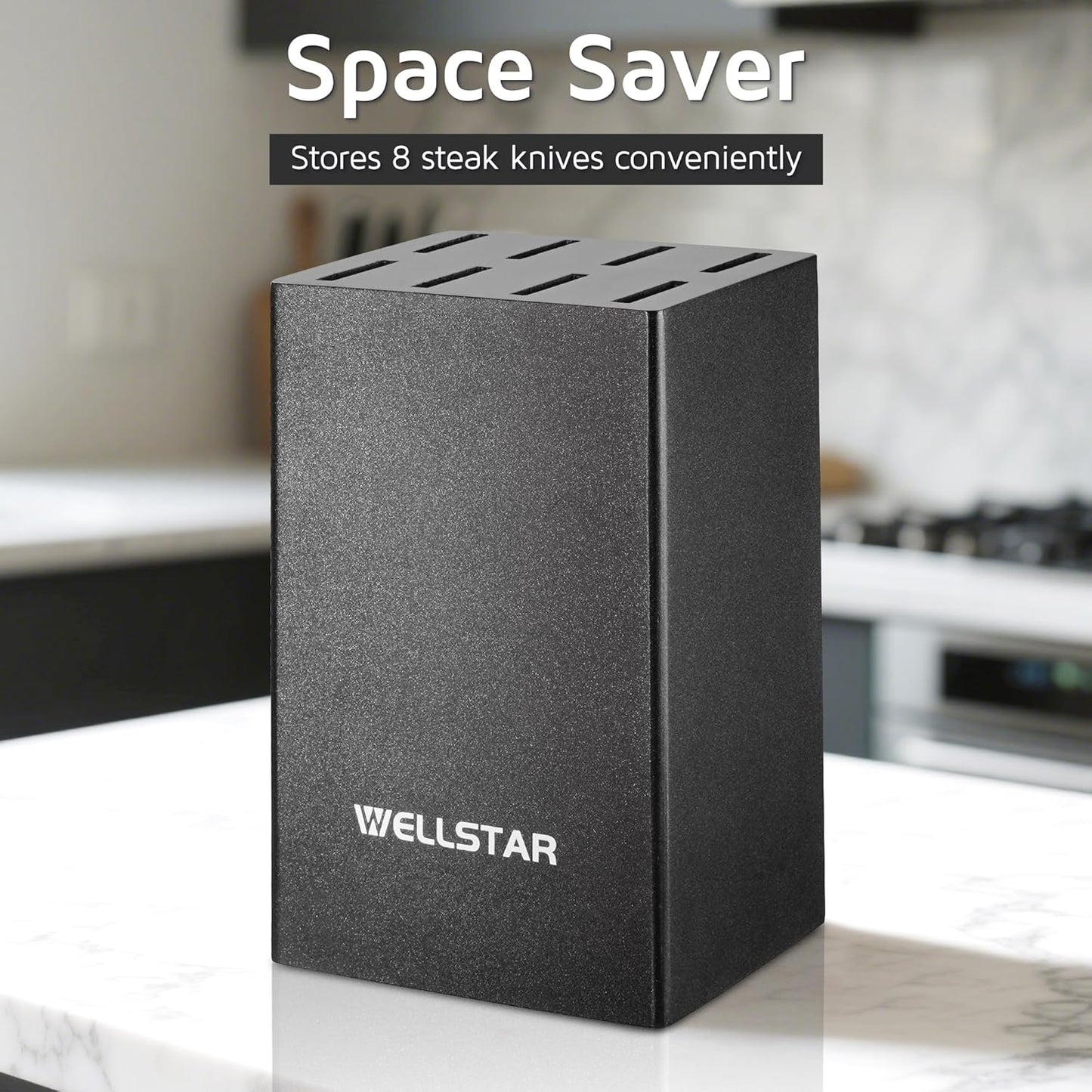 WELLSTAR 5-Inch Steak Knife Holder Only– Wooden Knife Block with 8 Slots (No Knives Included) – Compact, Space-Saving Design for 5" Steak Knives – Sturdy Wood Storage Organizer