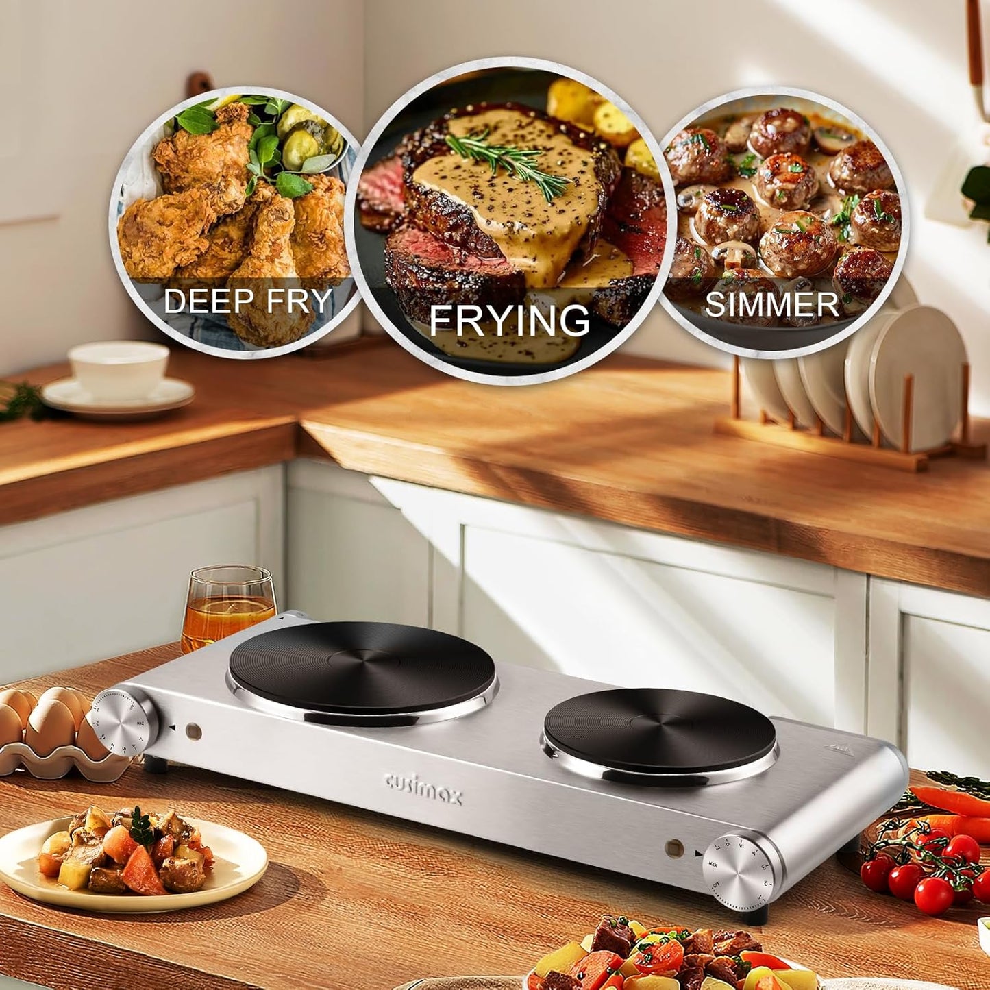 CUSIMAX Double Burner, Electric Hot Plates for Cooking, 1800W Double Hot Plate, Portable Electric Stove, Countertop Burners with Cast Iron Heating Plates, Works with All Cookwares, Upgraded Version