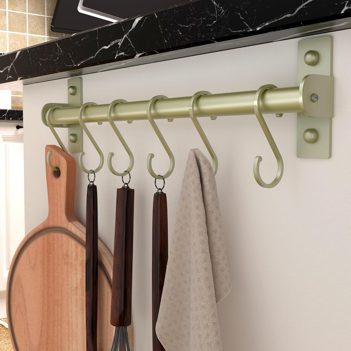 Dseap Kitchen Utensil Holder Hanger, Pot and Pan Rack Wall Mounted, Kitchen Rail with 8 Hooks for Hanging Cooking Utensils, Mugs, Spoons, Wall Mounted, Champagne Color, Pack of 2