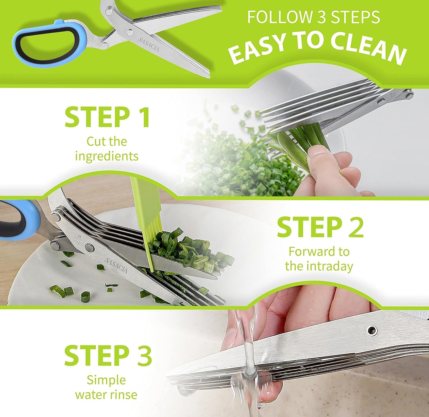 Herb Scissors with 5 Blades & Cleaning Kit, Stainless Steel Kitchen Shears for Herbs, Lettuce, Cilantro, Dishwasher Safe, Soft-Grip Handle