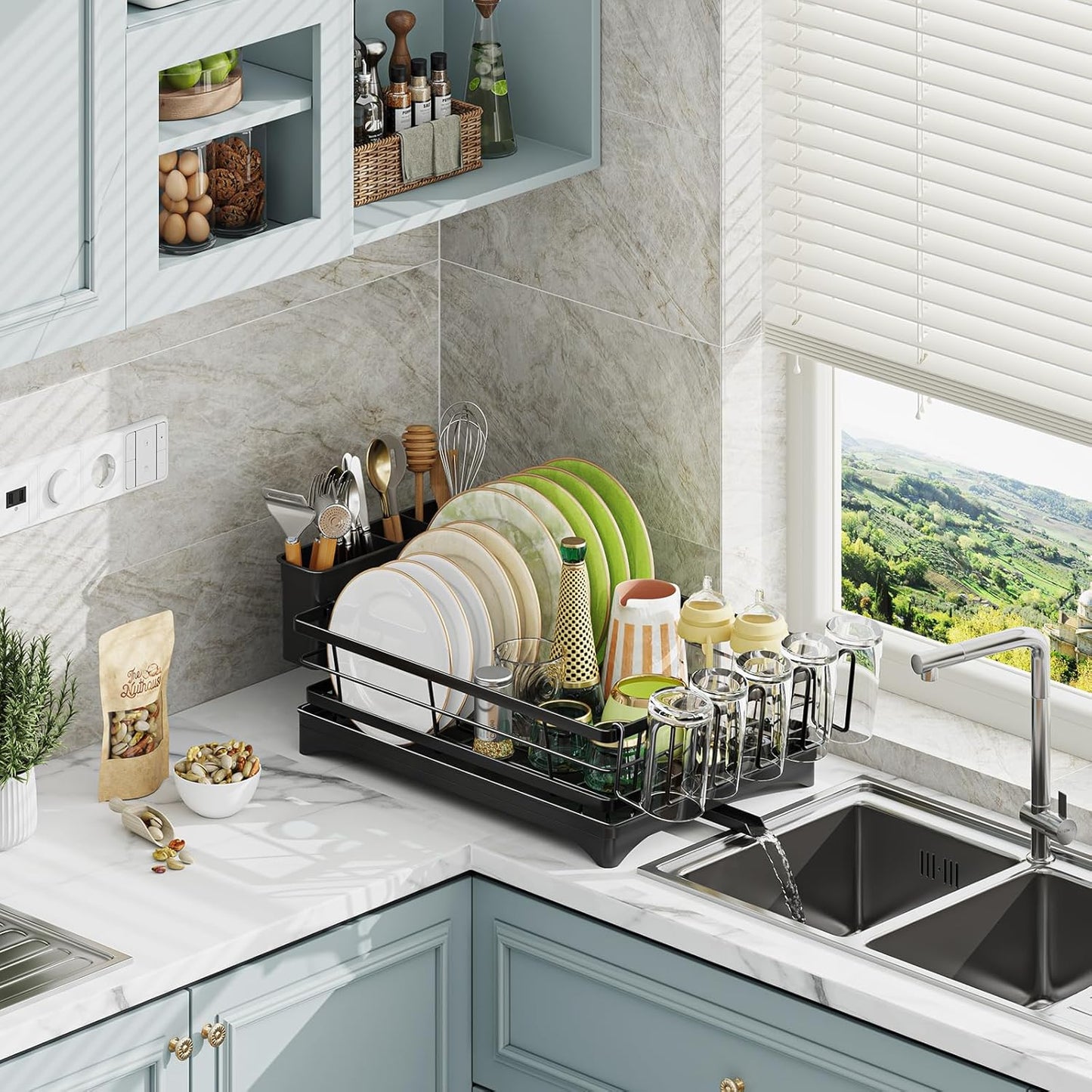 Dish Rack, Dish Drainers Organizer for Kitchen Counter, Dish Drying Rack with Drainboard and Utensil Holder, Large, 12" D x 15" W x 5" H, Black