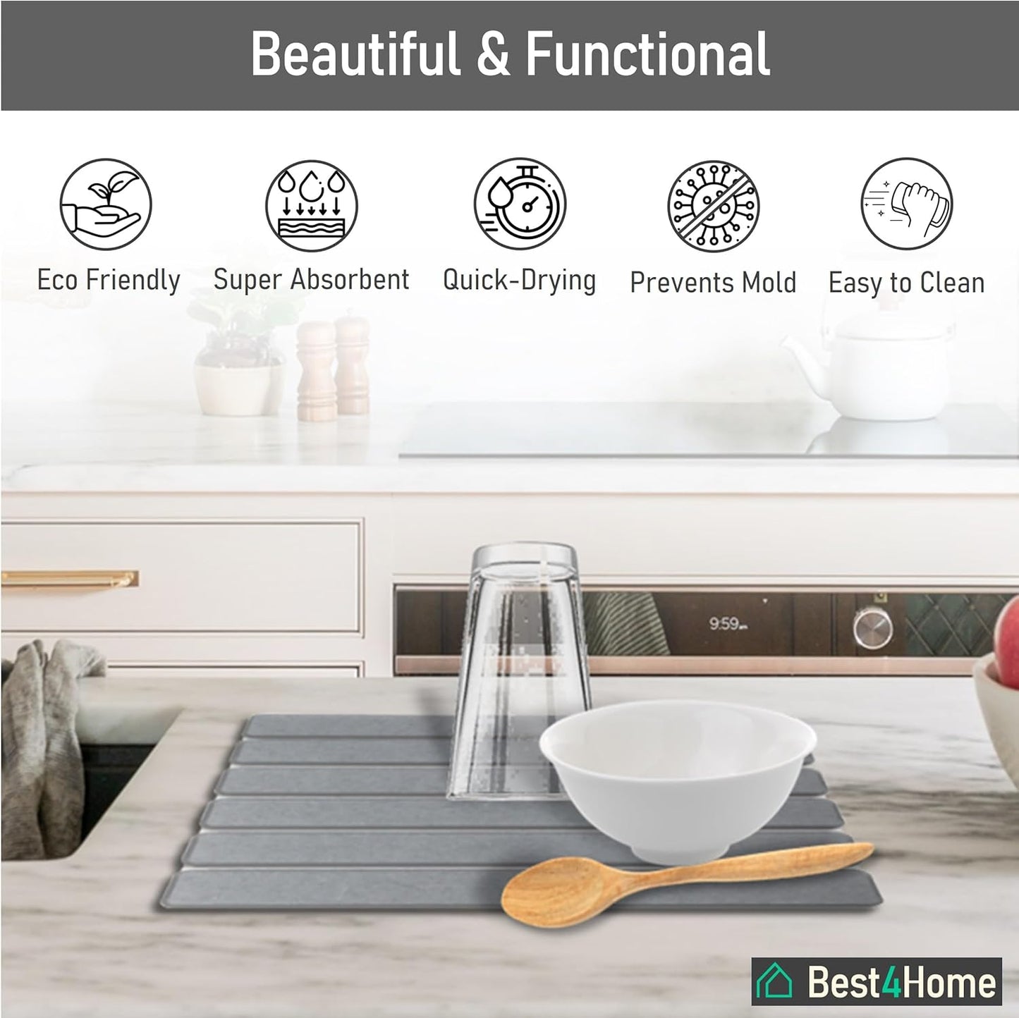Stone Drying Mat for Kitchen Counter - Grey 12x16In Dish Drying Mat - Foldable Diatomite Stone Dish Rack - Absorbent Diatomaceous Earth Non-Slip Tray for Bathroom