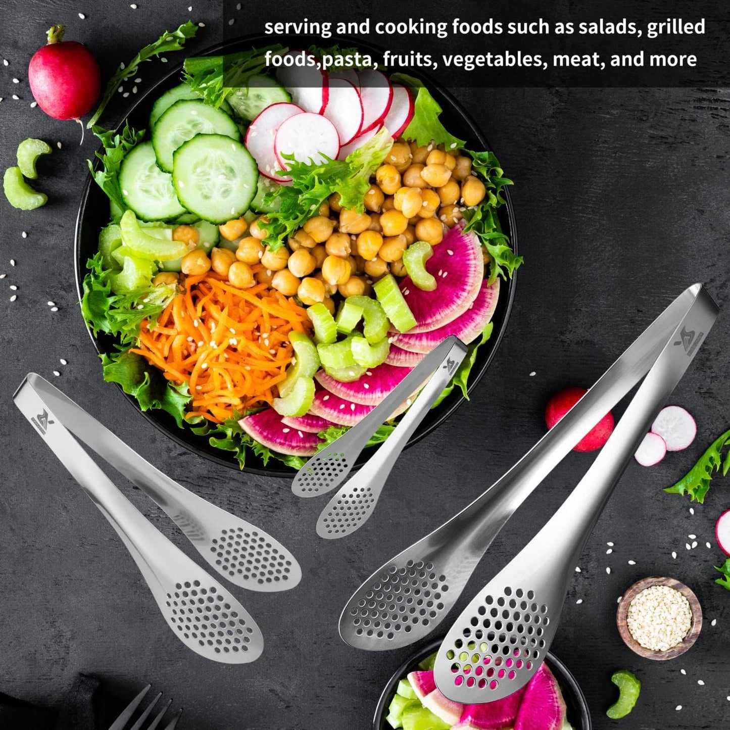 MSY BIGSUNNY Chef Kitchen Tongs Stainless Steel Food Serving Tongs Set Buffet tongs (silver 7" 9" & 11", 3 pack)