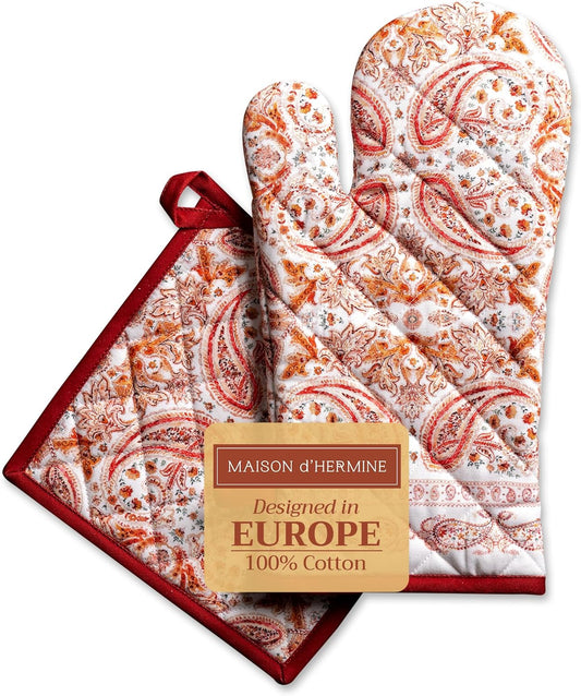 Maison d' Hermine 100% Cotton Oven Mitt & Pot Holder Set (7.5"x13" & 8"x8") Heat Resistant BBQ Cooking Gloves with Loop, Baking, Grilling, Kitchen, Handling Hot Pans (Orient)