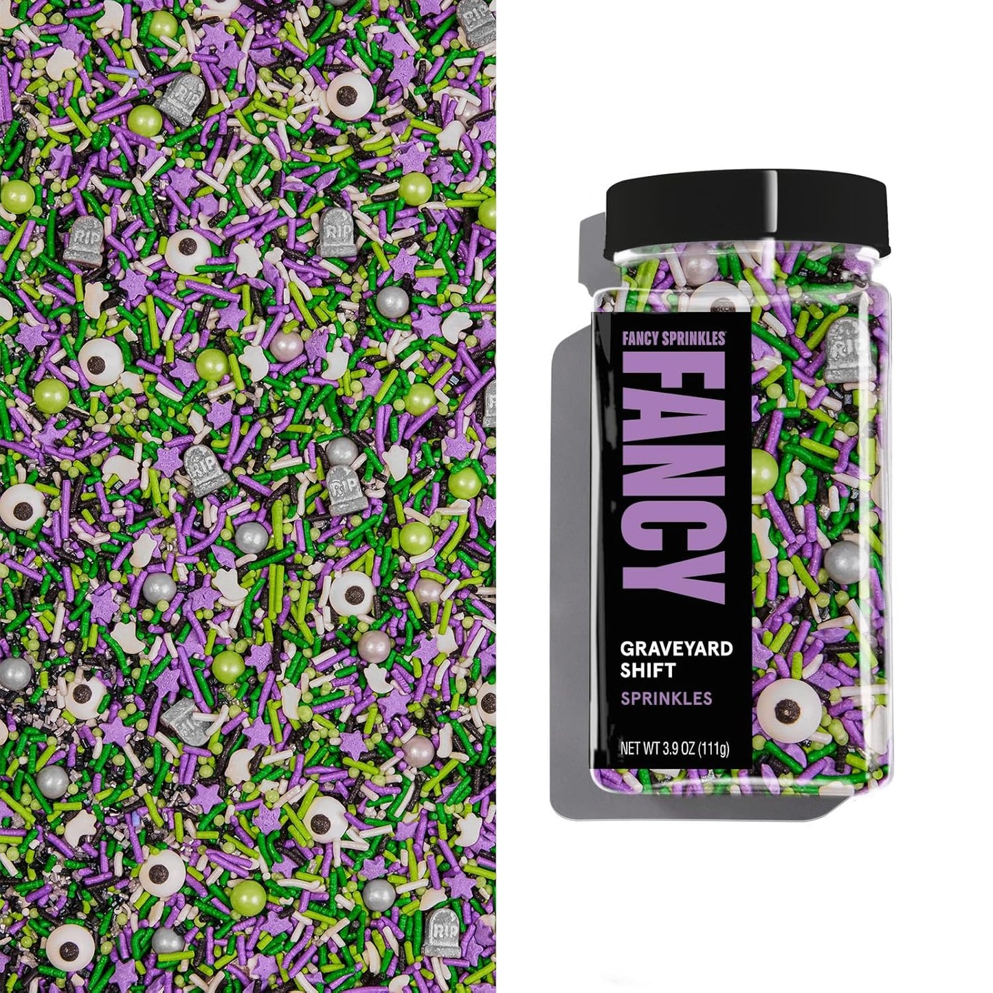 Fancy Sprinkles Limited Edition Halloween Graveyard Shift Purple and Green Crunchy Sprinkles, Plus Candy Eyeballs, Ghostly Confetti, and Eerie Tombstone Shapes (0.5c)