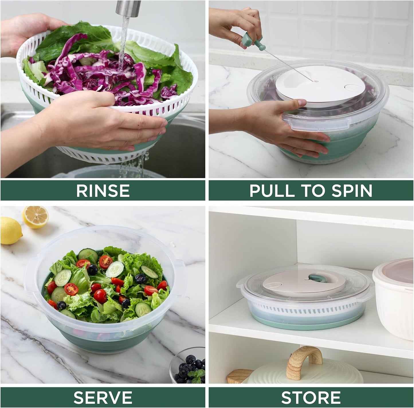 COOK WITH COLOR Collapsible Salad Spinner - 4 QT Space Saving Lettuce Dryer with Folding Collapsible Colander Great for Washing and Drying Fruit and Vegetables (Sage)
