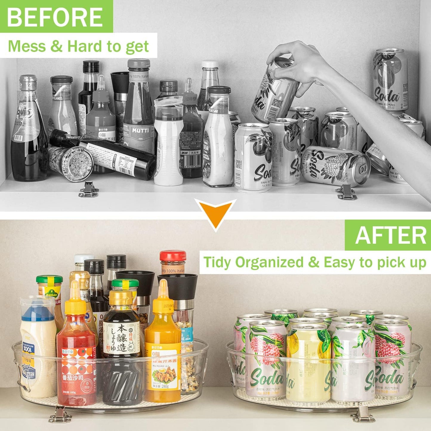 4 Pack Lazy Susan Organizer for Cabinet with Handle, 12“ inch Clear Spinning Storage Lazy Susan Turntable for Pantry, Kitchen Sink, Fridge, Bathroom, Countertop, Non-Skid Liners Included, Round