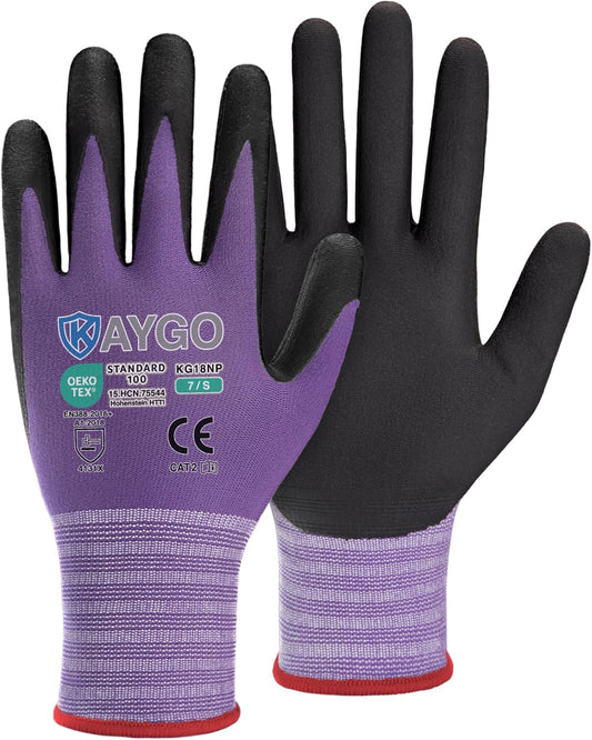 KAYGO Safety Work Gloves MicroFoam Nitrile Coated, 3 Pairs KG18NB,Seamless Knit Nylon Glove for Men and Women, Ideal for Automotive,Warehouse,Construction (S,Purple)