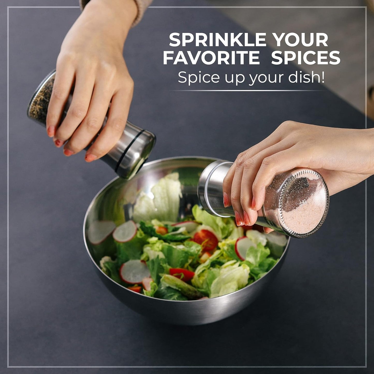 Salt and Pepper Shakers set with Adjustable Pour Holes - Elegant Stainless Steel Spice Dispenser - Perfect for Himalayan, Table Salt, White and Black Pepper (Salt & Pepper Shakers Set + Bamboo Stand)