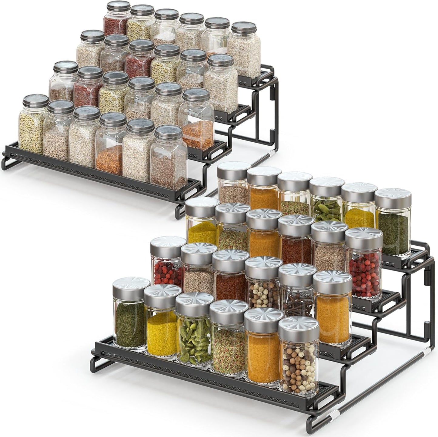 4 Tier Spice Rack Organizer for Inside Cabinet Display Riser Shelf Seasoning Organizer for Countertop Cupboard Pantry Step Storage Holder with Protection Railing (2PC Black)