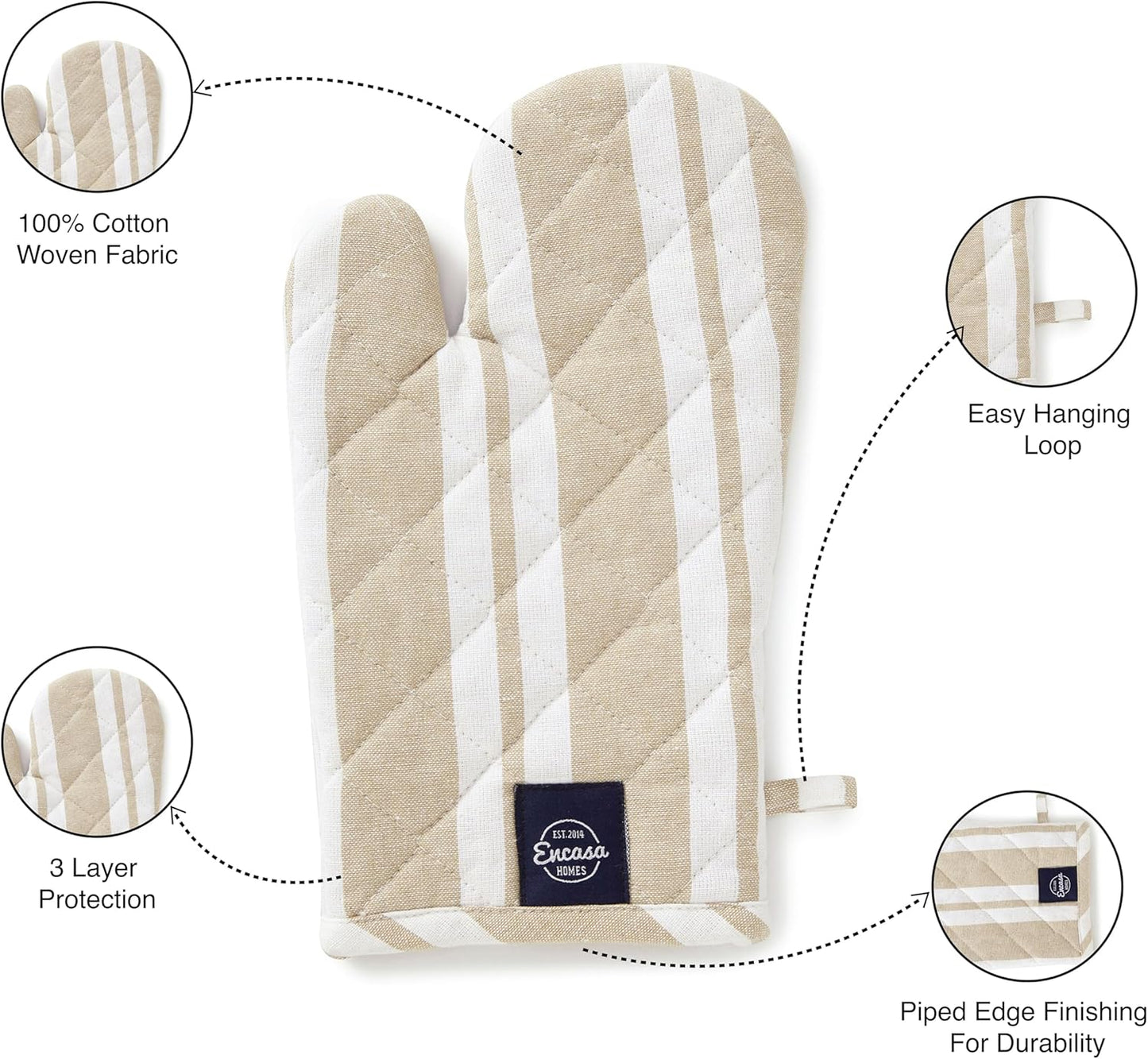 Encasa XO Long 12"x7" Oven Microwave Hand Gloves Mitts (2 pc Set) for Kitchen Cooking & Baking - Heat Resistant, Thick & Safe, Protection of Hands from Hot Utensils - Franca Beige Stripes