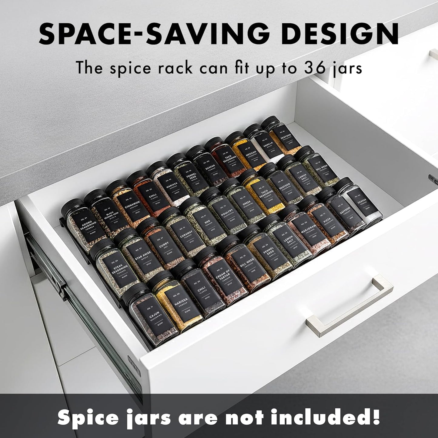 Spice Drawer Organizer - Expandable Spice Rack for Drawer, Black Seasoning Organizer for Drawer Spice Organizer, Spice Organization Seasoning rack insert for Cabinet (Jars Not Included)