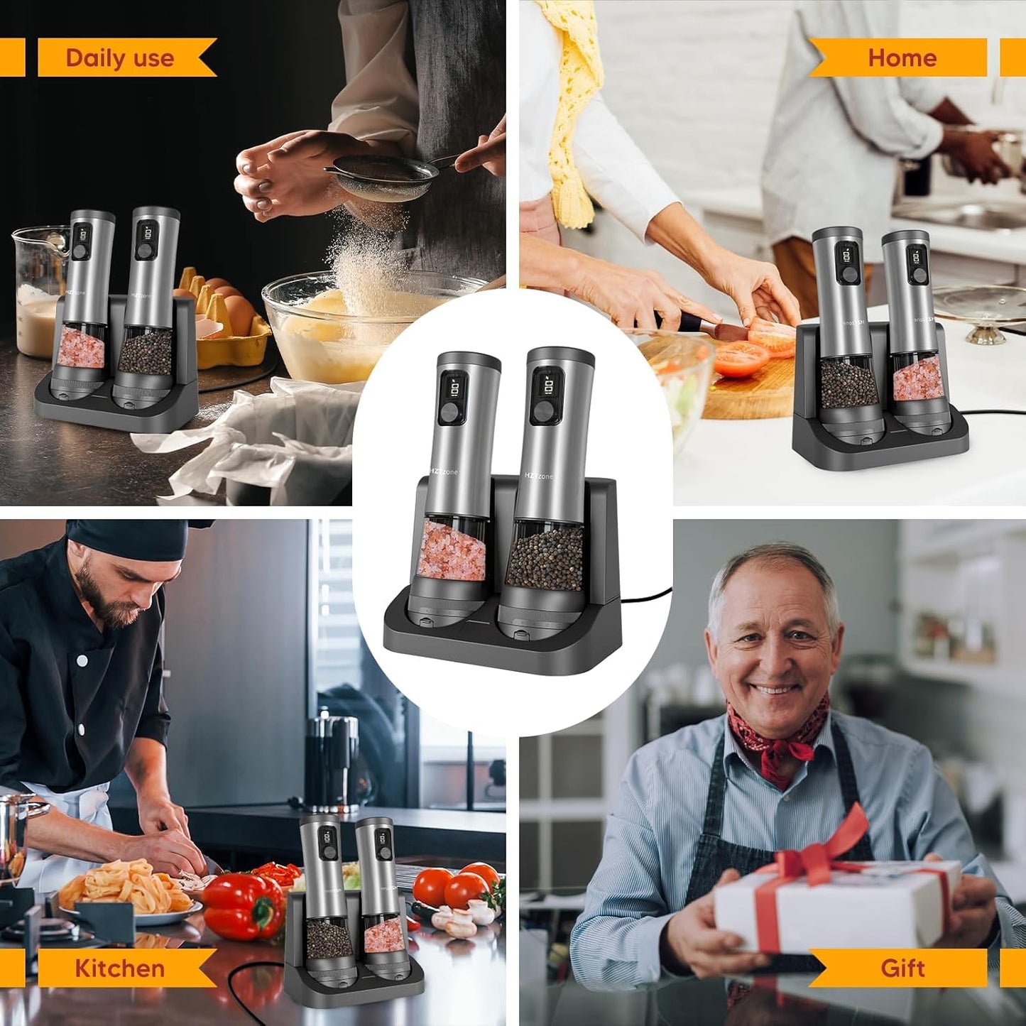 Electric Salt and Pepper Grinder Set with Charging Base, Upgraded LED Display & Variable Grinding Speed, Rechargeable Stainless Steel Automatic Pepper Mill with 100Ml Large Capacity