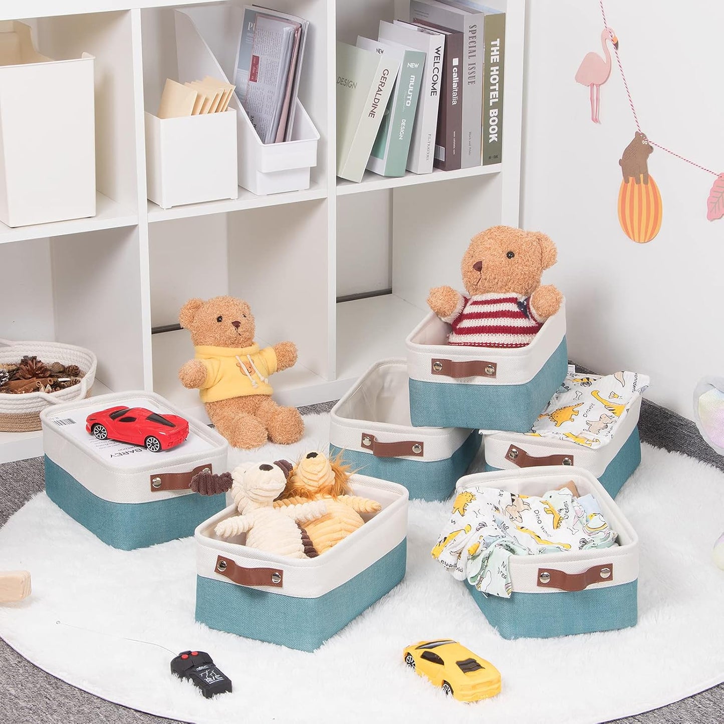 HNZIGE Storage Baskets Bins Set, (6 pack) Small Fabric Baskets for Shelves, Baskets for Gifts Empty with Handles for Organizing Shelf Nursery Home Closet Clothes room(White Teal, 11.8" x 7.8" x 5.1")